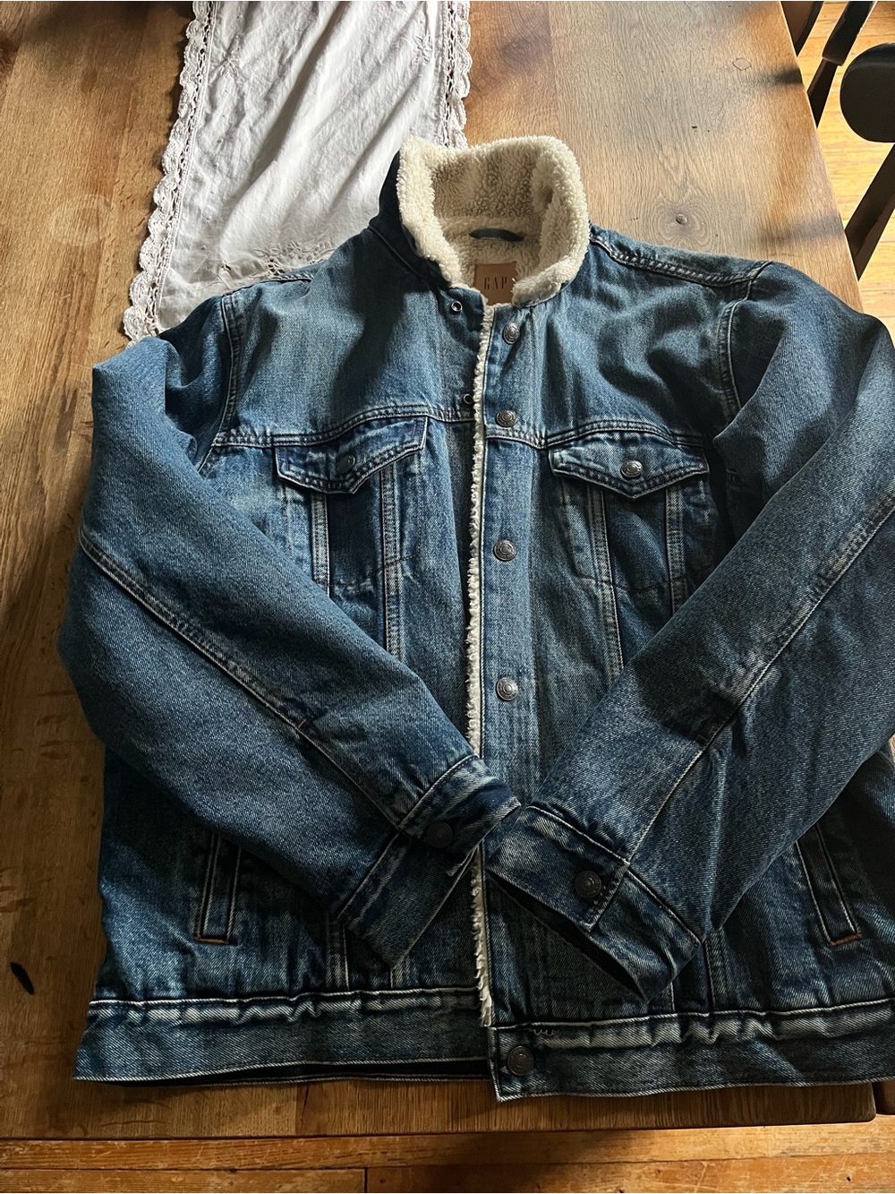 GAP Blue Denim Jacket with Cream Sherpa Trim